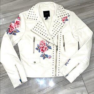 FOREVER 21 - White Faux Leather Studded Jacket With Flowers - NWOT